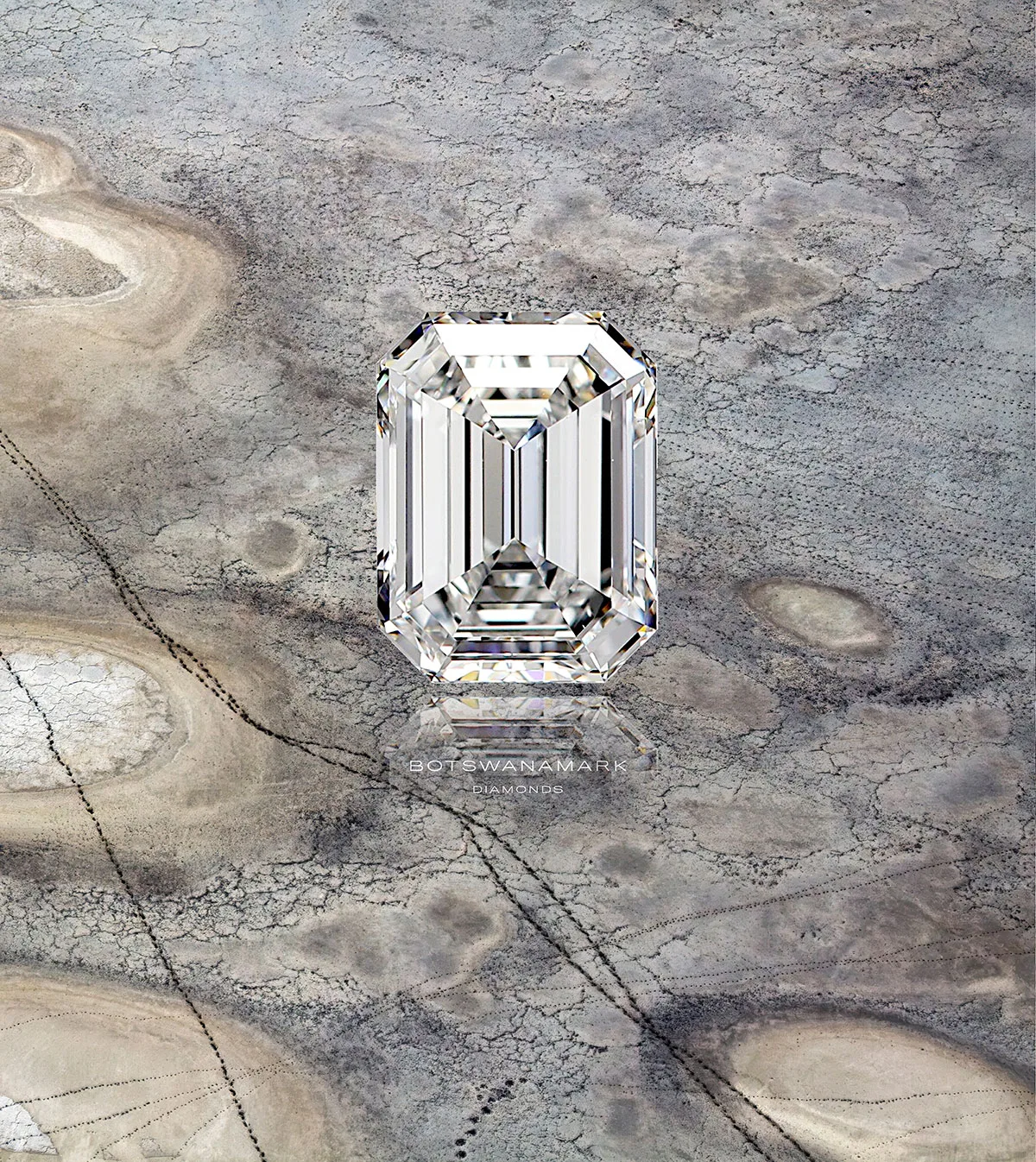A Botswanamark diamond and its reflection on cracked mineral pans in the Kalahari